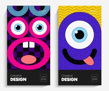 Parlak komik yüzler. Gülümseyen güzel yüzler ve çok renkli geometrik şekiller. Projeniz için animasyon, kartpostal, afiş, afiş, poster vesaire. Vektör EPS 10