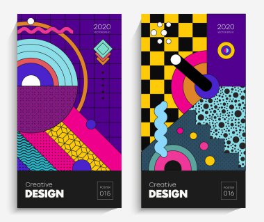 Moda, parlak geometrik şekiller. Projeniz için uygun bir vektör, animasyon, reklam, reklam afişi, el ilanı, satış. Basit poster, yamalar, karışık rozetler Neo Memphis, pop sanat.