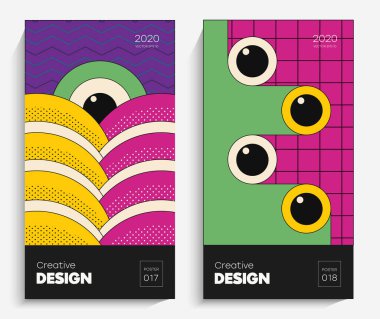 Moda, parlak geometrik şekiller. Projeniz için uygun bir vektör, animasyon, reklam, reklam afişi, el ilanı, satış. Basit poster, yamalar, karışık rozetler Neo Memphis, pop sanat.