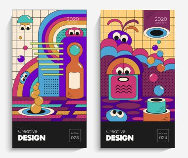 Bright illustrations with pretty faces. Vector suitable for your project, animation, advertising, advertising banner, flyer, sale. Simple poster, patches, badges in the mix Neo Memphis, pop art.