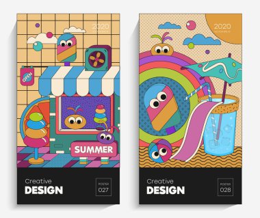 Komik yüzlü parlak çizgi film çizimleri. Bu vektör projeniz için uygun, animasyon, reklam, el ilanı, poster, kartpostal vs. Çocuk çizimi, parlak sanat..