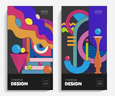 Moda, parlak geometrik şekiller. Projeniz için uygun bir vektör, animasyon, reklam, reklam afişi, el ilanı, satış. Basit poster, yamalar, karışık rozetler Neo Memphis, pop sanat.