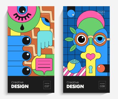 Parlak soyut sanat çizimi. Bu vektör projeniz için uygun, animasyon, reklam, el ilanı, poster, kartpostal vs. Memphis stilindeki parlak renkler.