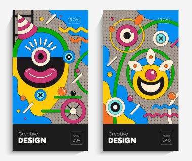 Parlak soyut sanat çizimi. Bu vektör projeniz için uygun, animasyon, reklam, el ilanı, poster, kartpostal vs. Memphis stilindeki parlak renkler.