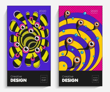 Parlak soyut sanat çizimi. Bu vektör projeniz için uygun, animasyon, reklam, el ilanı, poster, kartpostal vs. Memphis stilindeki parlak renkler.