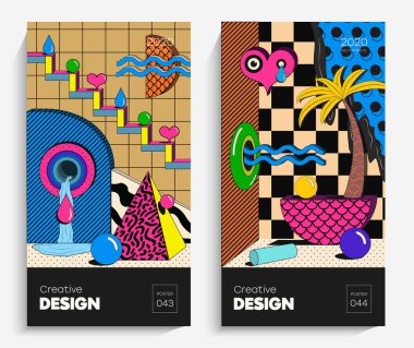 Parlak soyut sanat çizimi. Bu vektör projeniz için uygun, animasyon, reklam, el ilanı, poster, kartpostal vs. Memphis stilindeki parlak renkler.