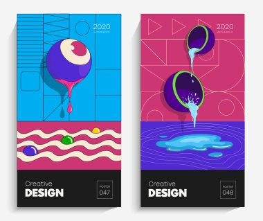 Parlak soyut sanat çizimi. Bu vektör projeniz için uygun, animasyon, reklam, el ilanı, poster, kartpostal vs. Memphis stilindeki parlak renkler.