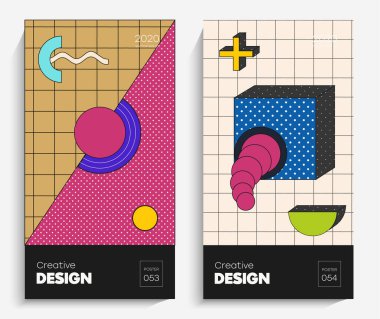 Parlak soyut sanat çizimi. Bu vektör projeniz için uygun, animasyon, reklam, el ilanı, poster, kartpostal vs. Memphis stilindeki parlak renkler.