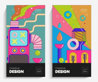 Parlak soyut sanat çizimi. Bu vektör projeniz için uygun, animasyon, reklam, el ilanı, poster, kartpostal vs. Memphis stilindeki parlak renkler.