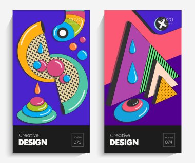 Parlak soyut geometrik şekiller. Bu vektör projeniz için uygun, animasyon, reklam, el ilanı, poster, kartpostal vs. Memphis stilindeki parlak renkler.