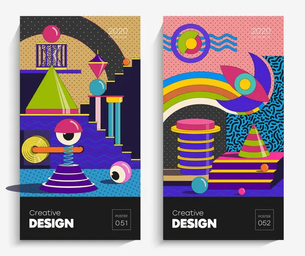 Parlak soyut sanat çizimi. Bu vektör projeniz için uygun, animasyon, reklam, el ilanı, poster, kartpostal vs. Memphis stilindeki parlak renkler.