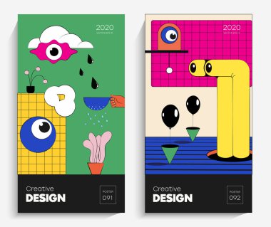 Parlak soyut sanat çizimi. Bu vektör projeniz için uygun, animasyon, reklam, el ilanı, poster, kartpostal vs. Memphis stilindeki parlak renkler.