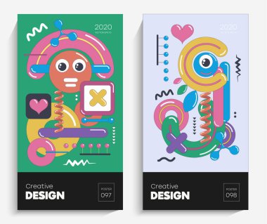 Parlak soyut sanat çizimi. Bu vektör projeniz için uygun, animasyon, reklam, el ilanı, poster, kartpostal vs. Memphis stilindeki parlak renkler.