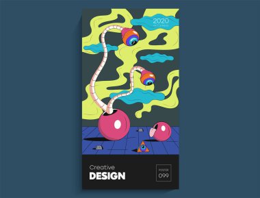 Çizgi film tarzında gerçeküstü bir poster. Soyut üç boyutlu geometrik kompozisyon. Modaya uygun sanat minimalizmi. Kapak kartı, afiş, poster için yaratıcı, parlak dijital arkaplan.