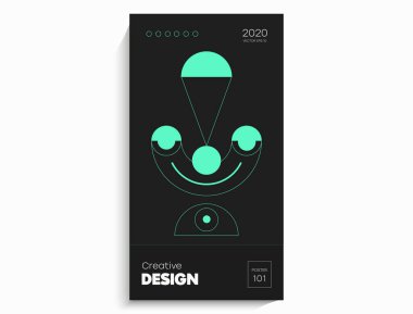 Soyut geometrik poster. Geometrik şekiller, siyah arkaplanda kireç elementleri. Kapak kartı, afiş, poster için yaratıcı, parlak dijital vektör..