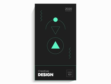 Soyut geometrik poster. Geometrik şekiller, siyah arkaplanda kireç elementleri. Kapak kartı, afiş, poster için yaratıcı, parlak dijital vektör..