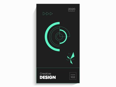 Soyut geometrik poster. Geometrik şekiller, siyah arkaplanda kireç elementleri. Kapak kartı, afiş, poster için yaratıcı, parlak dijital vektör..