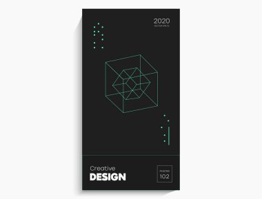 Soyut geometrik poster. Geometrik şekiller, siyah arkaplanda kireç elementleri. Kapak kartı, afiş, poster için yaratıcı, parlak dijital vektör..