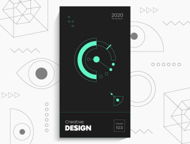 Soyut geometrik poster. Geometrik şekiller, siyah arkaplanda kireç elementleri. Kapak kartı, afiş, poster için yaratıcı, parlak dijital vektör..