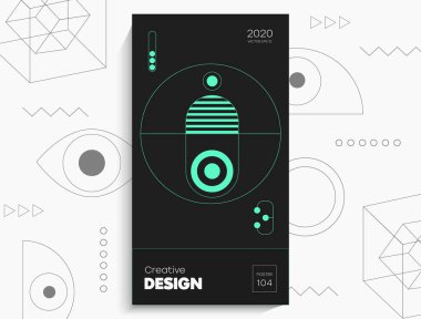 Soyut geometrik poster. Geometrik şekiller, siyah arkaplanda kireç elementleri. Kapak kartı, afiş, poster için yaratıcı, parlak dijital vektör..