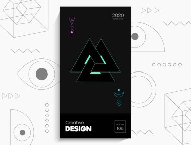 Soyut geometrik poster. Geometrik şekiller, siyah arkaplanda kireç elementleri. Kapak kartı, afiş, poster için yaratıcı, parlak dijital vektör..