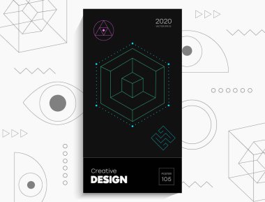 Soyut geometrik poster. Geometrik şekiller, siyah arkaplanda kireç elementleri. Kapak kartı, afiş, poster için yaratıcı, parlak dijital vektör..