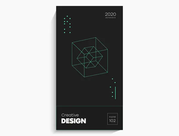 Soyut geometrik poster. Geometrik şekiller, siyah arkaplanda kireç elementleri. Kapak kartı, afiş, poster için yaratıcı, parlak dijital vektör..