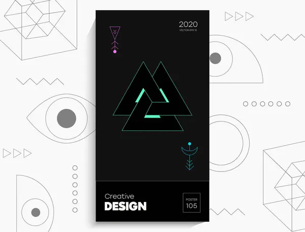 Soyut geometrik poster. Geometrik şekiller, siyah arkaplanda kireç elementleri. Kapak kartı, afiş, poster için yaratıcı, parlak dijital vektör..