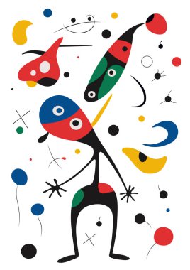 Joan Miro tarzında gerçeküstü sanat illüstrasyonu. Geometrik Şekillerle Soyut Boyama.