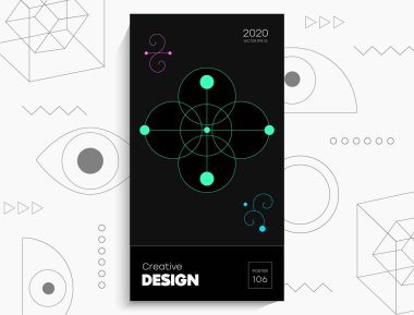 Soyut geometrik poster. Geometrik şekiller, siyah arkaplanda kireç elementleri. Kapak kartı, afiş, poster için yaratıcı, parlak dijital vektör..