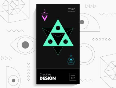 Soyut geometrik poster. Geometrik şekiller, siyah arkaplanda kireç elementleri. Kapak kartı, afiş, poster için yaratıcı, parlak dijital vektör..