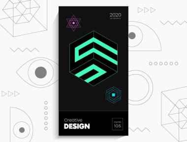 Soyut geometrik poster. Geometrik şekiller, siyah arkaplanda kireç elementleri. Kapak kartı, afiş, poster için yaratıcı, parlak dijital vektör..