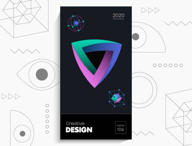 Soyut geometrik poster. Geometrik şekiller, siyah arkaplanda kireç elementleri. Kapak kartı, afiş, poster için yaratıcı, parlak dijital vektör..