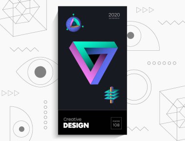 Soyut geometrik poster. Geometrik şekiller, siyah arkaplanda kireç elementleri. Kapak kartı, afiş, poster için yaratıcı, parlak dijital vektör..