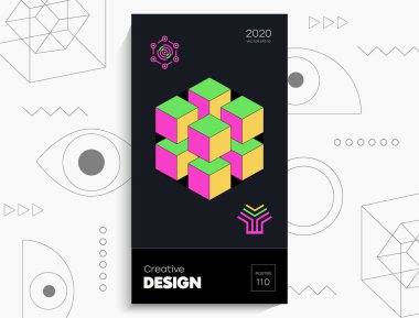 Soyut geometrik poster. Geometrik şekiller, siyah arkaplanda kireç elementleri. Kapak kartı, afiş, poster için yaratıcı, parlak dijital vektör..