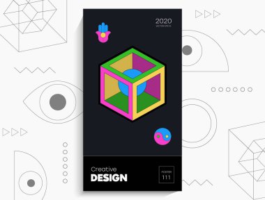 Soyut geometrik poster. Geometrik şekiller, parlak renkler, siyah arkaplandaki elementler. Kapak kartı, afiş, poster için yaratıcı parlak dijital vektör.