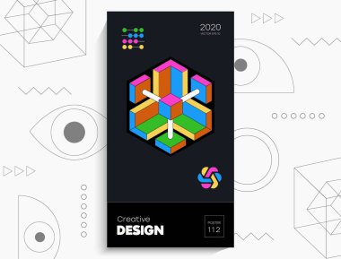 Soyut geometrik poster. Geometrik şekiller, parlak renkler, siyah arkaplandaki elementler. Kapak kartı, afiş, poster için yaratıcı parlak dijital vektör.