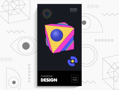 Soyut geometrik poster. Geometrik şekiller, parlak renkler, siyah arkaplandaki elementler. Kapak kartı, afiş, poster için yaratıcı parlak dijital vektör.