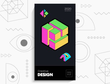 Soyut geometrik poster. Geometrik şekiller, parlak renkler, siyah arkaplandaki elementler. Kapak kartı, afiş, poster için yaratıcı parlak dijital vektör.