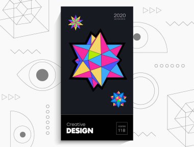 Soyut geometrik poster. Geometrik şekiller, parlak renkler, siyah arkaplandaki elementler. Kapak kartı, afiş, poster için yaratıcı parlak dijital vektör.