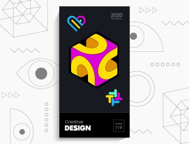 Soyut geometrik poster. Geometrik şekiller, parlak renkler, siyah arkaplandaki elementler. Kapak kartı, afiş, poster için yaratıcı parlak dijital vektör.