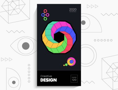 Soyut geometrik poster. Geometrik şekiller, parlak renkler, siyah arkaplandaki elementler. Kapak kartı, afiş, poster için yaratıcı parlak dijital vektör.