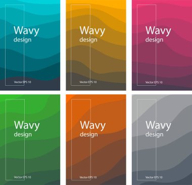 Dalgalı tasarım broşür seti. Dalgalı tasarım, 6 renk. Arka planlar, posterler, broşürler, web, vb için kullanılabilir. Trendy minimal tasarım. Eps10 vektörü