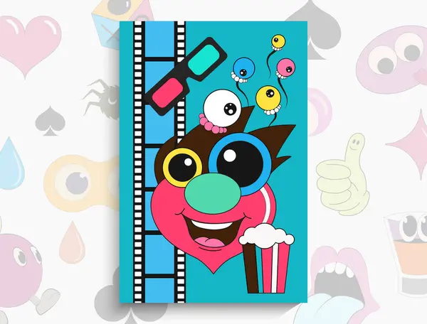 Çizgi film tarzında parlak bir illüstrasyon. Sinema teması. Patlamış mısır, müzik seti gözlüğü, balonlar ve gülümseyen bir yüz. Bu vektör projeniz için uygun, animasyon, reklam, ilan, poster, kartpostal, vs..