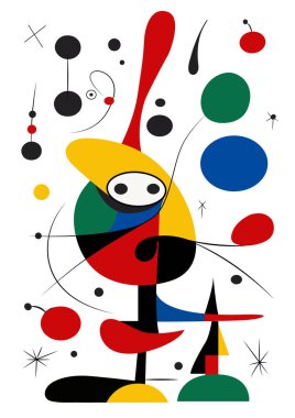 Joan Miro tarzında gerçeküstü sanat illüstrasyonu. Geometrik Şekillerle Soyut Boyama. Vektör.