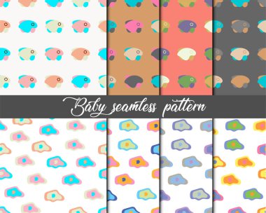 Sevimli şekiller ile eğlenceli sorunsuz desenler. Bebek hediye ambalaj kağıdı, tekstil için harika. Vektör Eps 10