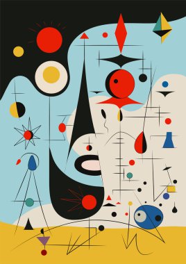Joan Miro tarzında gerçeküstü sanat illüstrasyonu. Geometrik Şekillerle Soyut Boyama. Vektör.