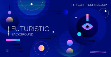 Gezegenlerin görüntüsüne sahip soyut uzay arkaplanı, geometrik şekiller arka plan. Gelecekçi mekan, modern parlak arka plan. Vektör.