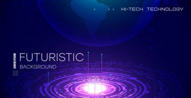 Fütürist küreselleşme arayüzü, bilim ve teknoloji soyut grafikleri. Hi Tech Dijital Bağlantı, İletişim, Yüksek İletişim Teknolojisi.