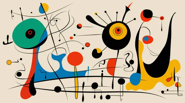 Joan Miro tarzında gerçeküstü sanat illüstrasyonu. Geometrik Şekillerle Soyut Boyama. Vektör.